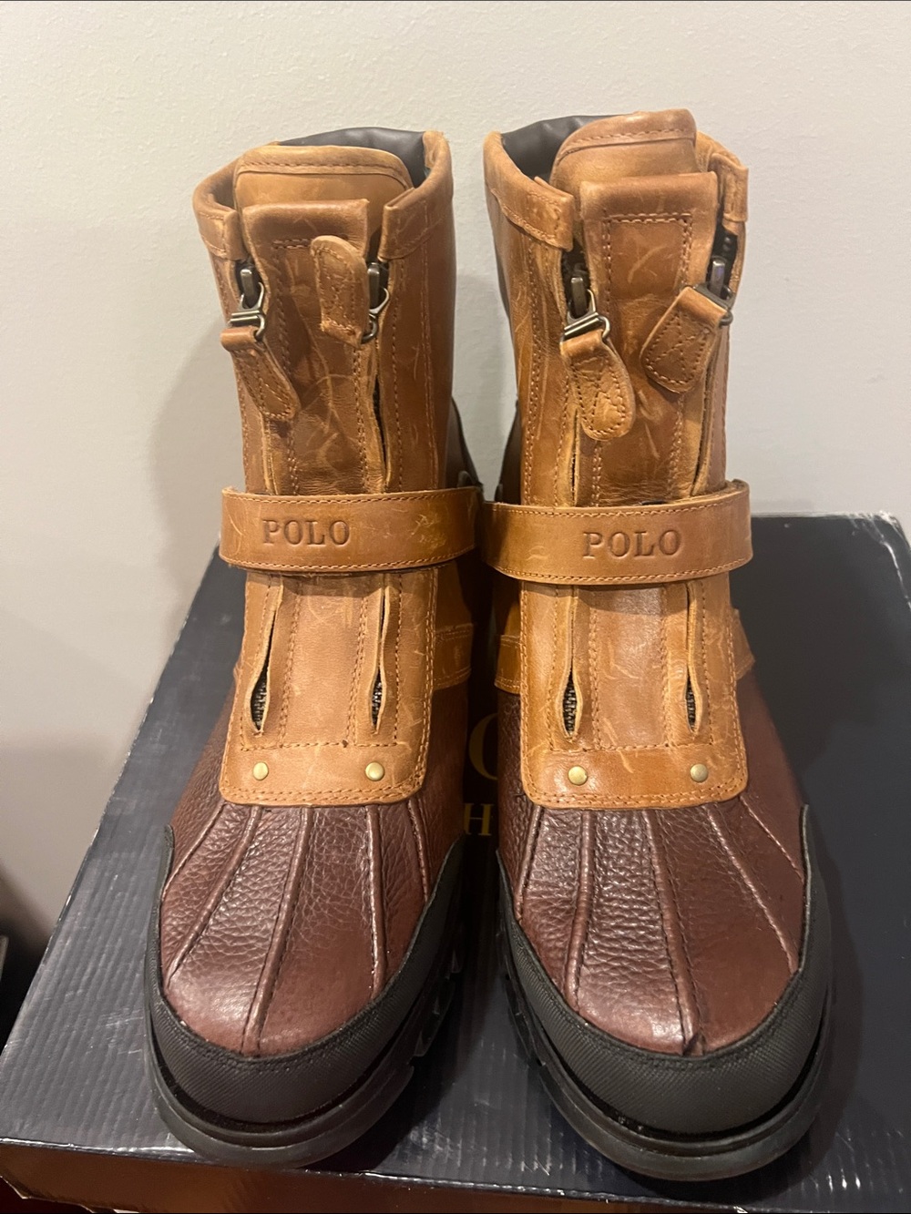 Polo by Ralph Lauren Brown Two-Tone Zip Up Leather Conquest III Duck Boots